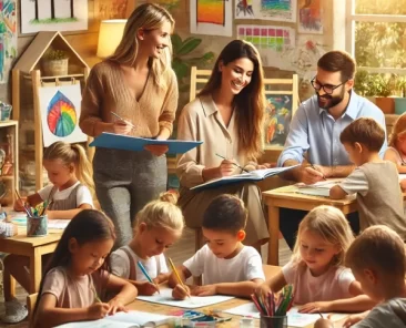 DALL·E 2025-03-21 19.26.21 - A realistic and warm image showing educators helping children with homework and guiding them through artistic and playful workshops. The scene include